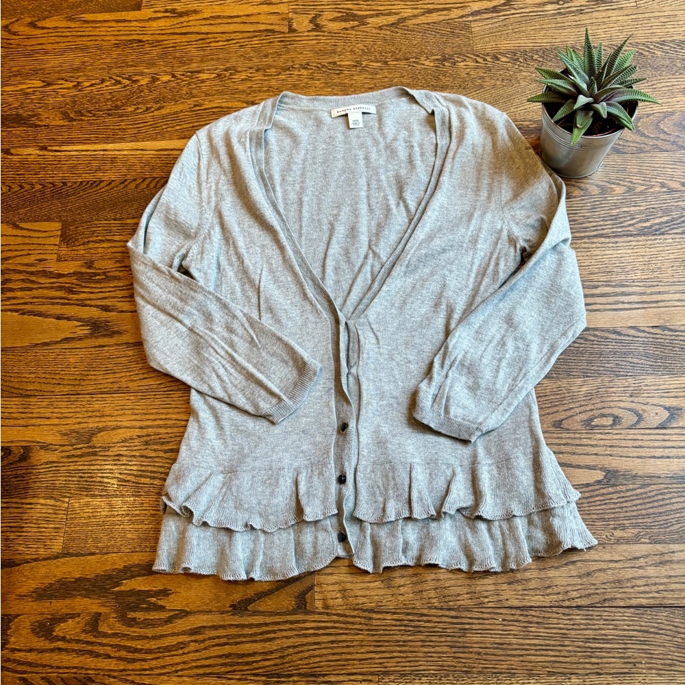 Banana Republic Grey Cardigan with Ruffled Bottom & Sparkle Trim. Size: Medium.